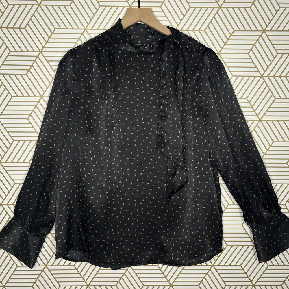 Black Camel Polka Dot Tie Neck Button Accent Blouse Long Sleeve Satin Whimsigoth